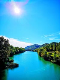 Scenic view of lake against blue sky