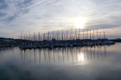 Sailboats in marina at sunset