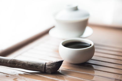 Close-up of pu-erh tea on tray