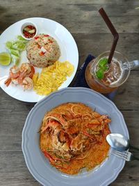 High angle view of meal served on table