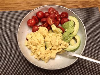 High angle view of breakfast served on table