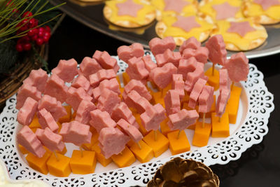 High angle view of chopped vegetables on table