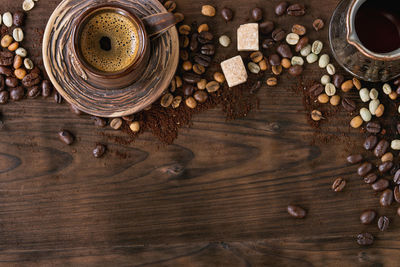 High angle view of coffee beans on table