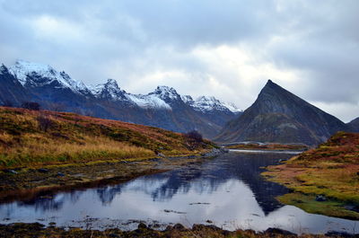 Scenic view of lake and mountains against sky