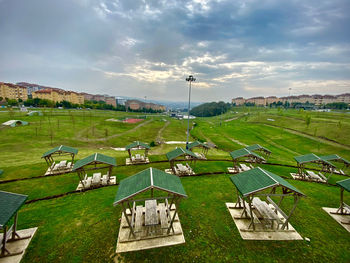 High angle view of field against sky