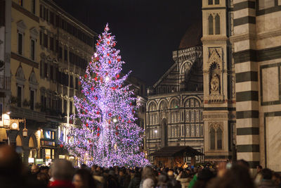 Illuminated christmas tree in front of buildings