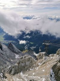 Aerial view of mountain range against cloudy sky