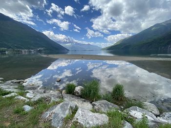 Scenic view of lake and mountains against sky