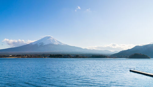 Scenic view of lake and snowcapped mountains against sky