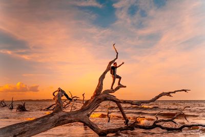 Full length of man standing on driftwood at beach against sky