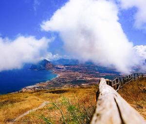 Panoramic view of sea and land against sky