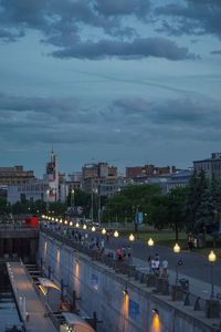 High angle view of city at night