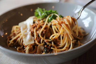 Close-up of noodles in bowl