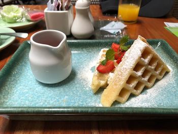 High angle view of breakfast on table