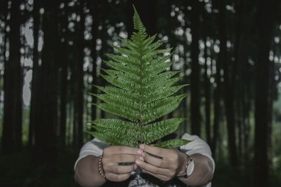 Person with face covered by leaves at forest