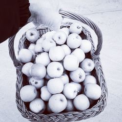 High angle view of eggs in basket