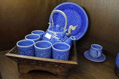High angle view of various tea on table