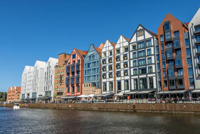 Buildings at waterfront against blue sky