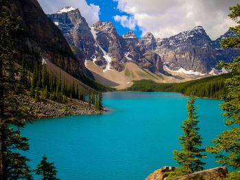 Scenic view of lake and mountains against sky