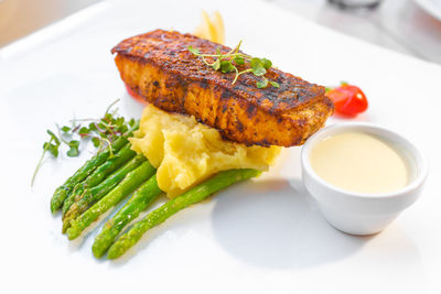 High angle view of food in plate on table