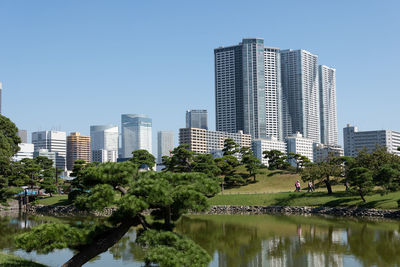 Reflection of trees and buildings in lake against clear sky