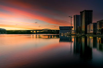 Scenic view of lake by buildings against sky during sunset