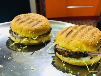 Close-up of burger on table