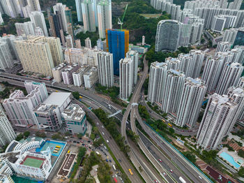 High angle view of buildings in city