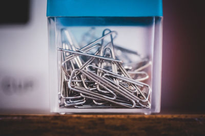 Close-up of metal structure on table