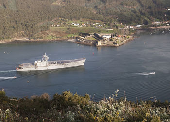 High angle view of ship in sea