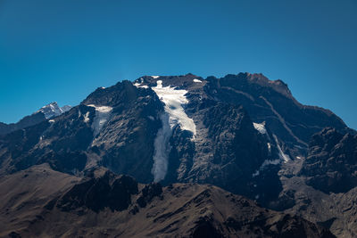 Scenic view of mountains against clear blue sky