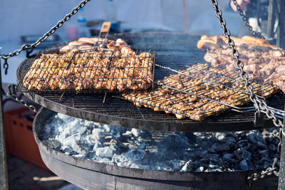 High angle view of food on barbecue grill