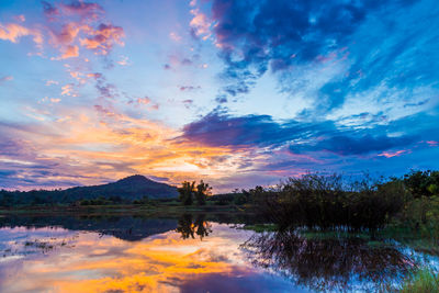 Scenic view of lake against sky during sunset