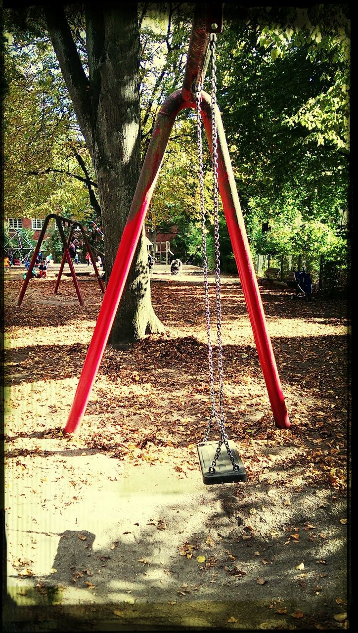 tree, tree trunk, transfer print, absence, red, park - man made space, chair, bench, sunlight, auto post production filter, day, growth, empty, branch, front or back yard, outdoors, wood - material, nature, no people, swing