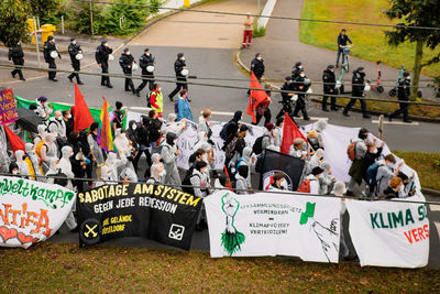 High angle view of people on street