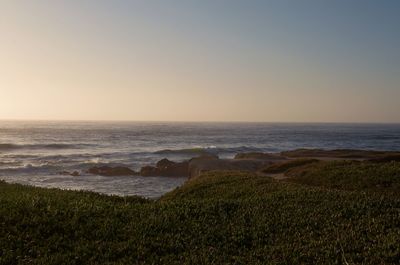 Scenic view of sea against clear sky during sunset