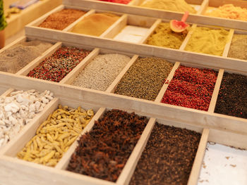 High angle view of spices for sale at market stall