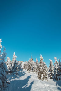 Scenic view of snowcapped mountains against clear blue sky