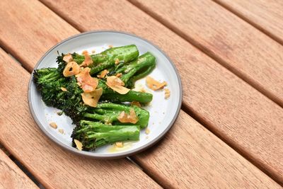 High angle view of food in plate on table