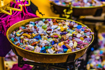 Close-up of multi colored candies in bowl