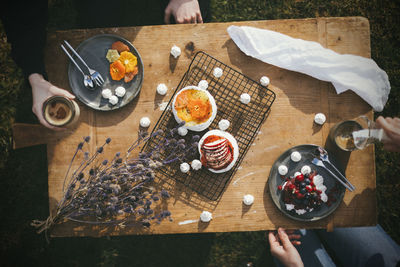 High angle view of breakfast on table