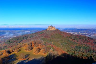 Aerial view of landscape against blue sky