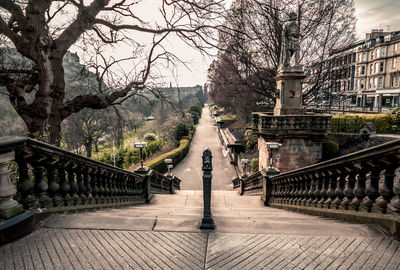 Edinburgh's princes street gardens from above steps with no people