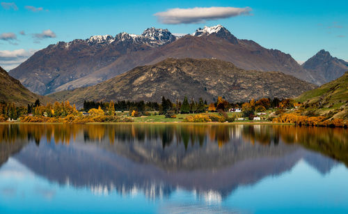 Scenic view of lake and mountains against sky