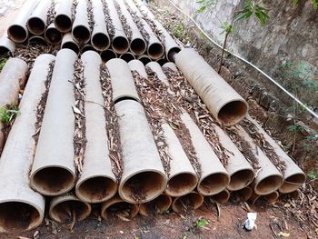 High angle view of pipes in row