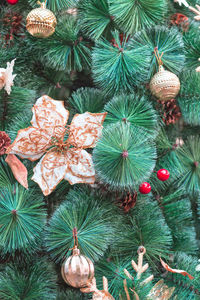 High angle view of christmas decorations on tree