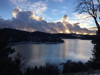 Scenic view of lake against cloudy sky