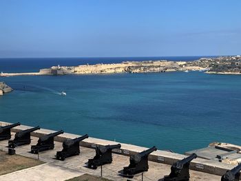 High angle view of sea against clear blue sky