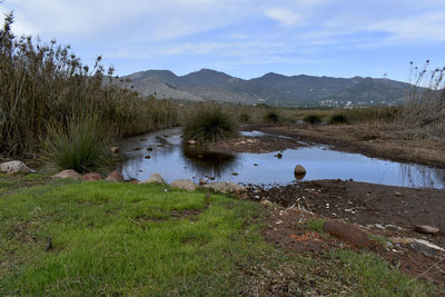 Scenic view of land and lake against sky