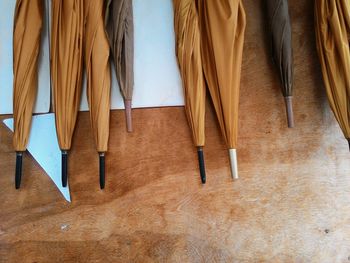 High angle view of umbrellas on table